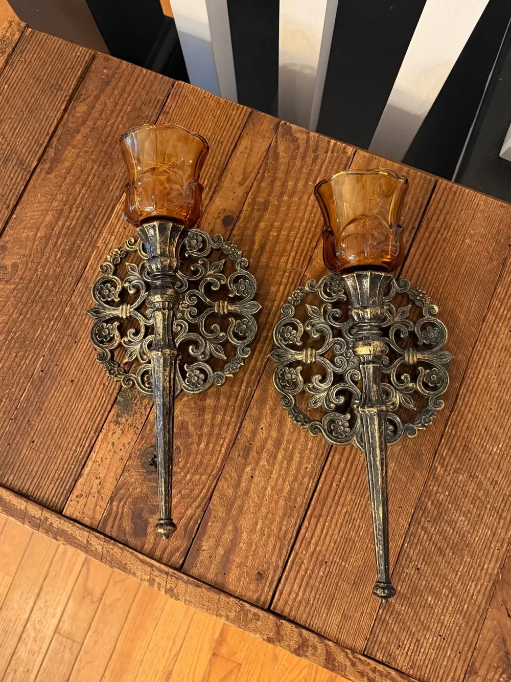 Pair of Vinatge BOHO Farmhouse Amber Glass Candle Wall Sconces